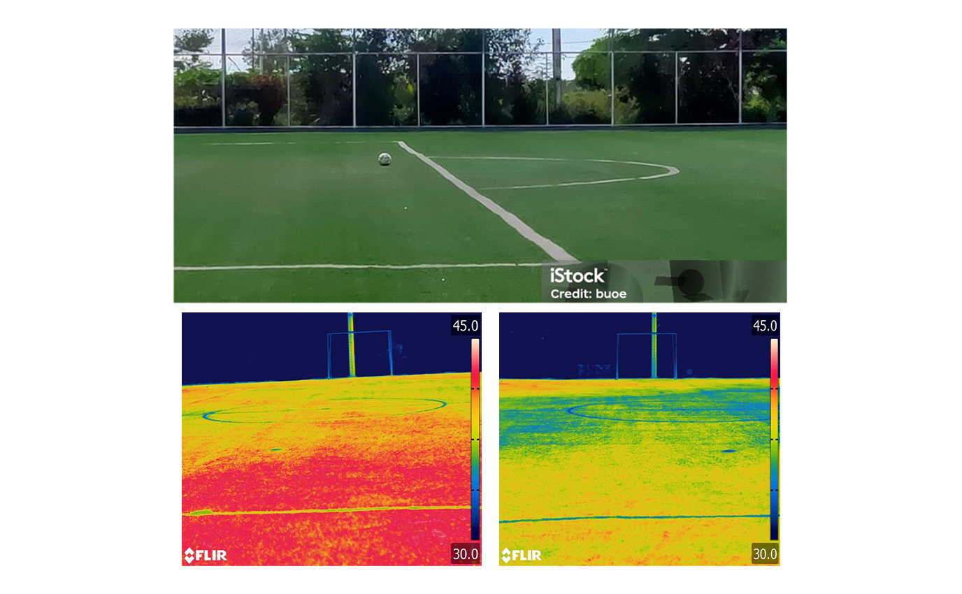 サッカーグラウンドでの実証試験（人工芝用黒ゴムチップ）左は通常の黒ゴム、右は黒色遮熱顔料使用